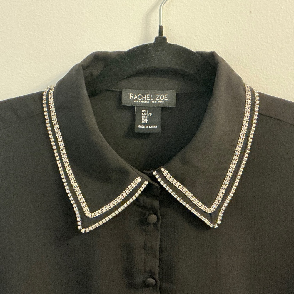 Rachael Zoe Black Blouse Sheer Sleeves Crystal Collar Large - Picture 3 of 7